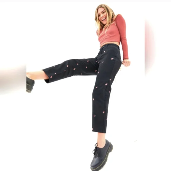 PacSun Rose Embroidered Black High Rise Mom Jeans Straight Ankle Length- 24 - Picture 4 of 13